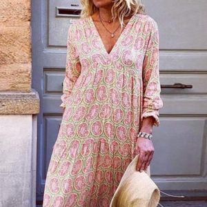 V-Neck flower print loose casual maxi dress